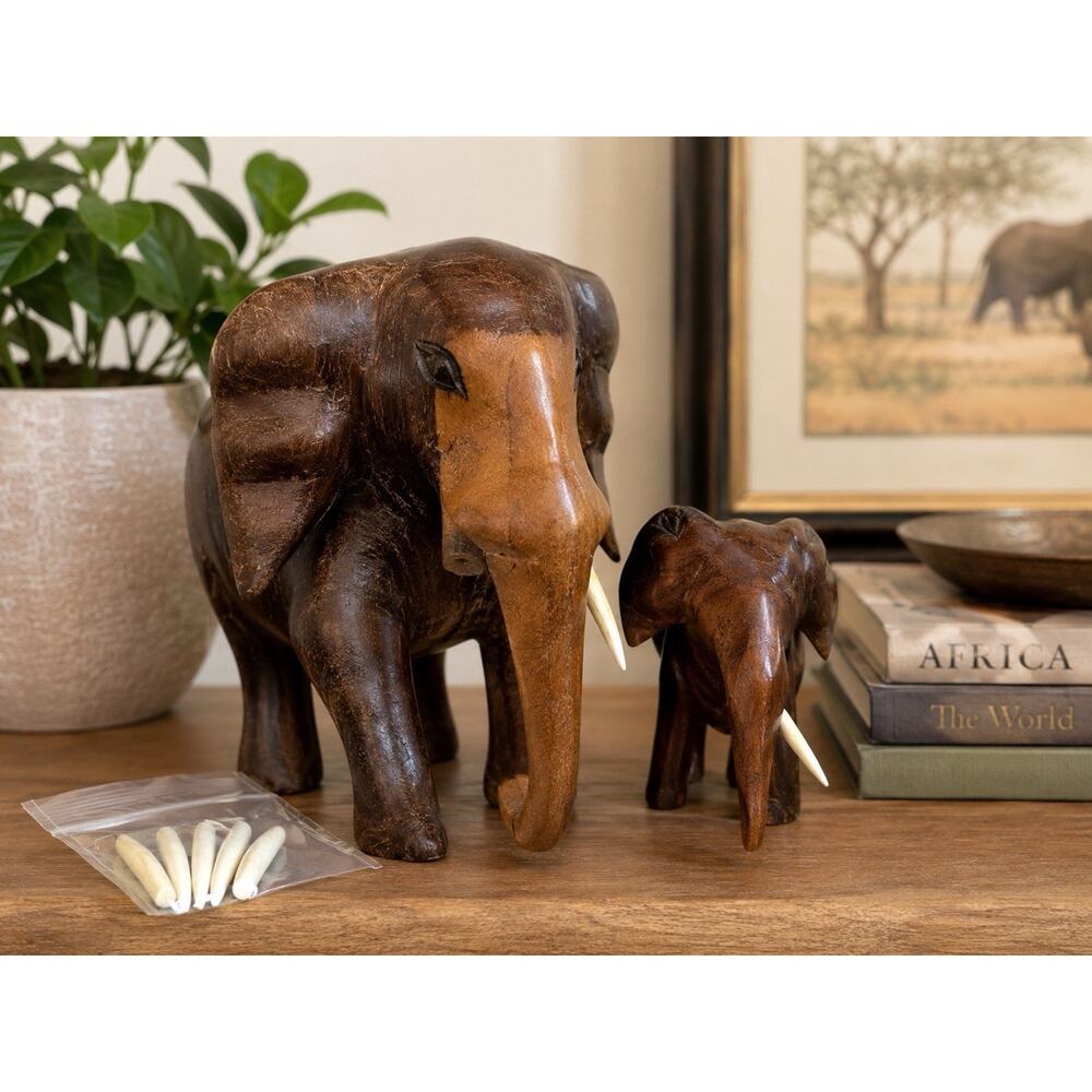 Vintage Hand Carved Wood Elephant Set Heavy Mother Baby Missing Tusk